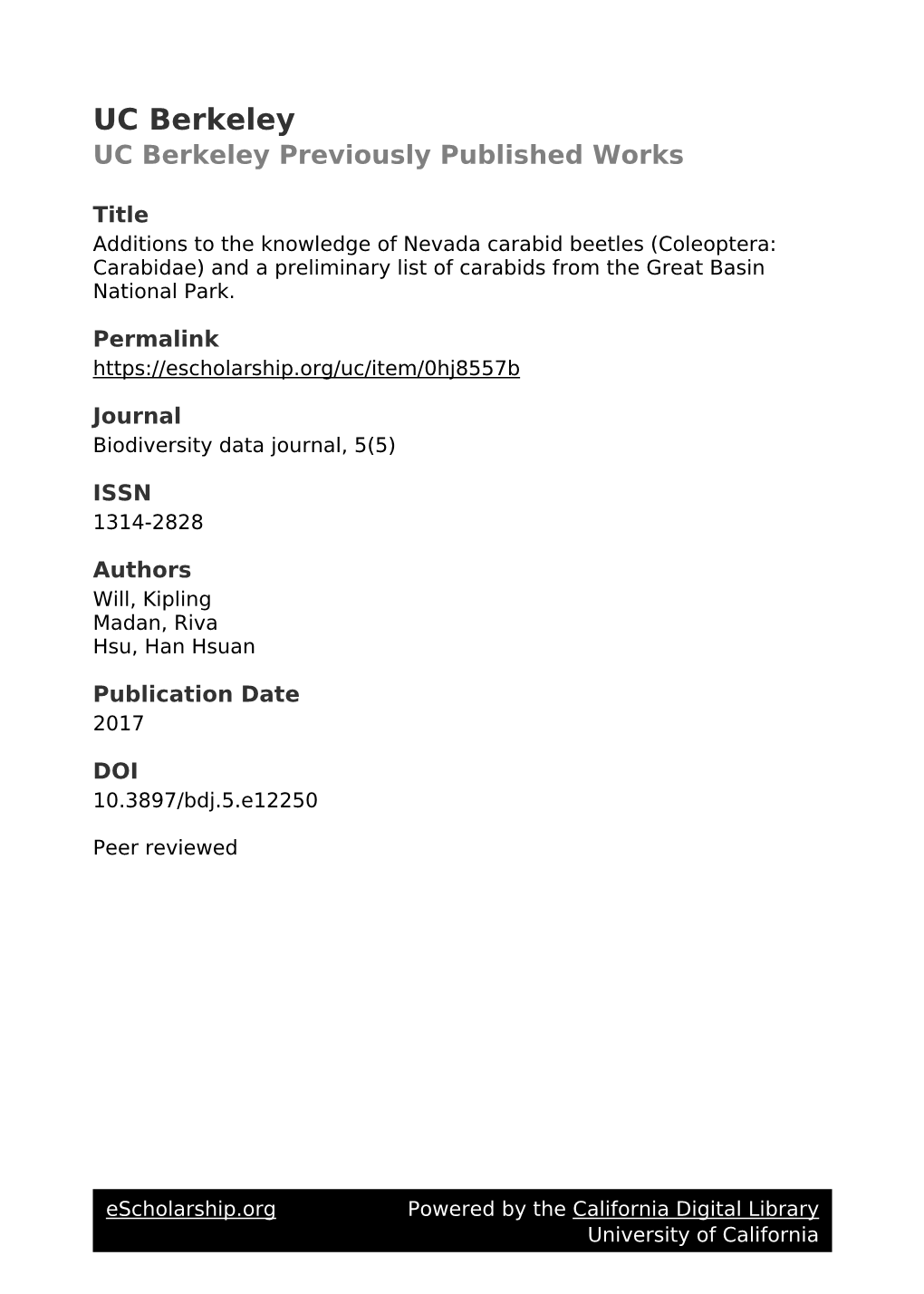 Coleoptera: Carabidae) and a Preliminary List of Carabids from the Great Basin National Park