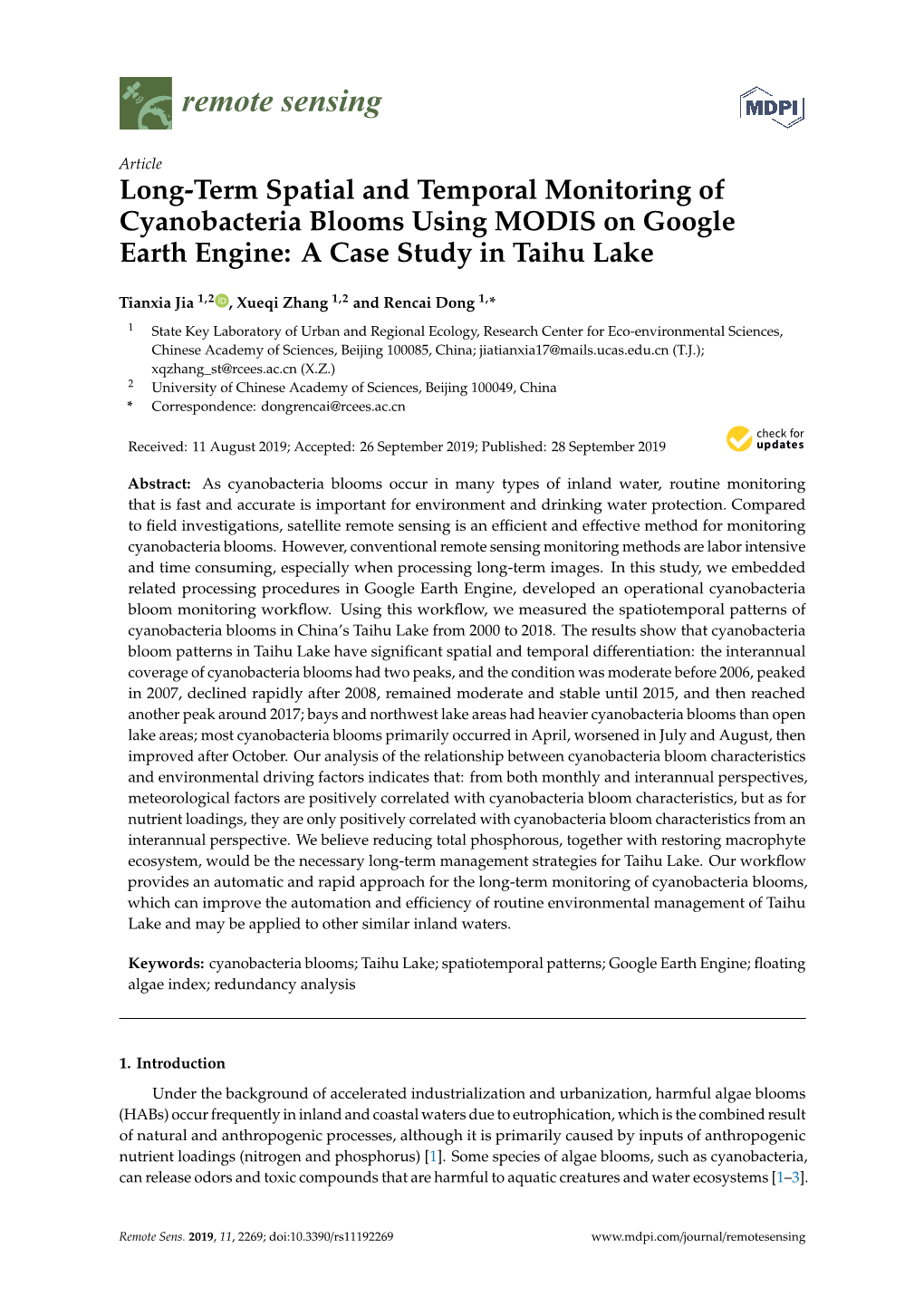 Long-Term Spatial and Temporal Monitoring of Cyanobacteria Blooms Using MODIS on Google Earth Engine: a Case Study in Taihu Lake