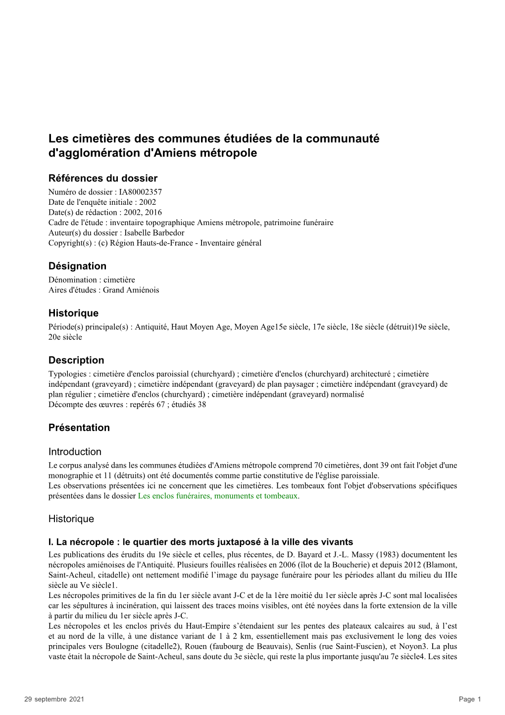 Les Cimetières Des Communes Étudiées De La Communauté D'agglomération D'amiens Métropole