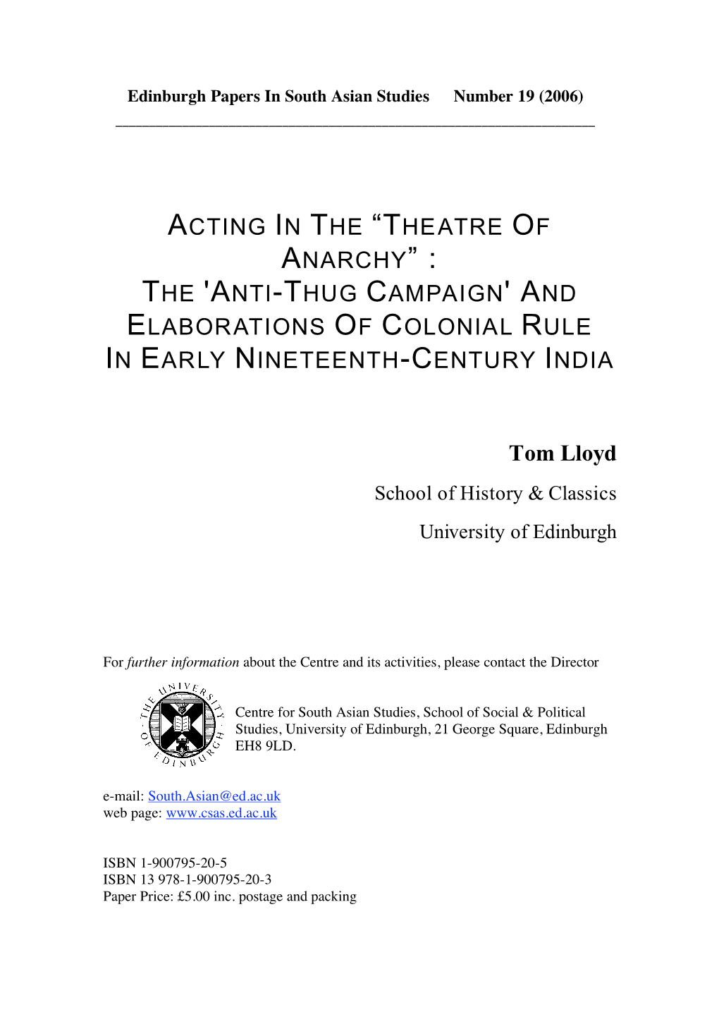 Anti-Thug Campaign' and Elaborations of Colonial Rule in Early Nineteenth-Century India