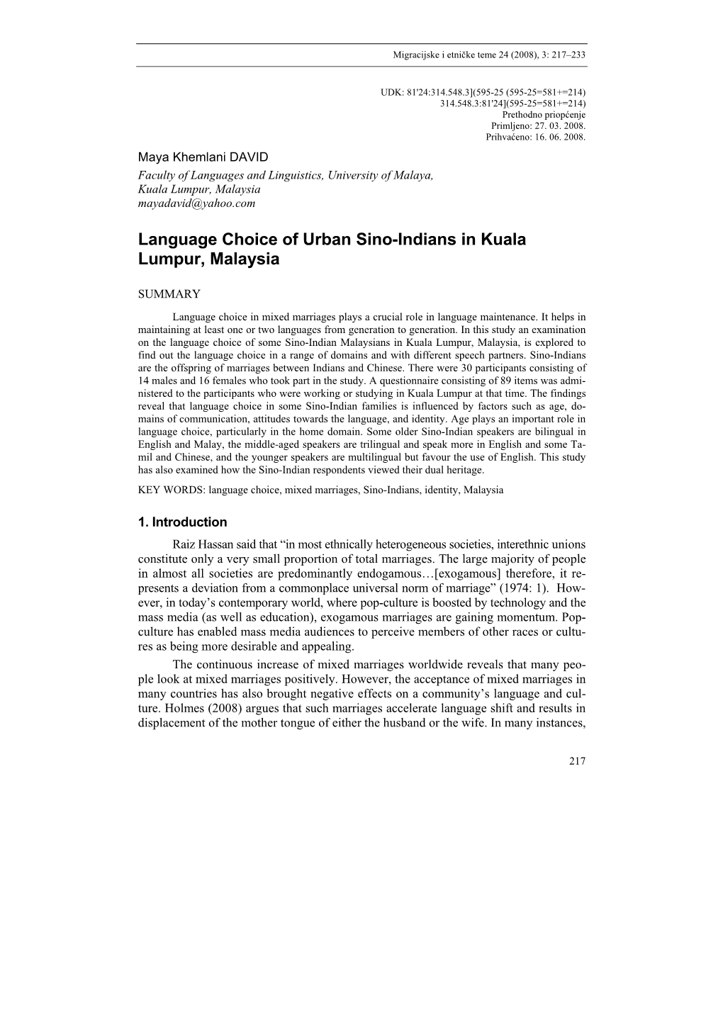 Language Choice of Urban Sino-Indians in Kuala Lumpur, Malaysia