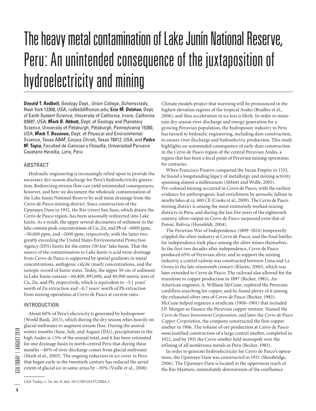 The Heavy Metal Contamination of Lake Junín National Reserve, Peru: an Unintended Consequence of the Juxtaposition of Hydroelectricity and Mining