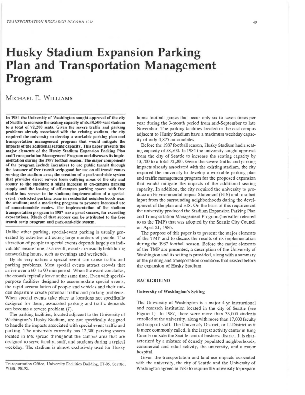 Husky Stadium Expansion Parking Plan and Transportation Management Program