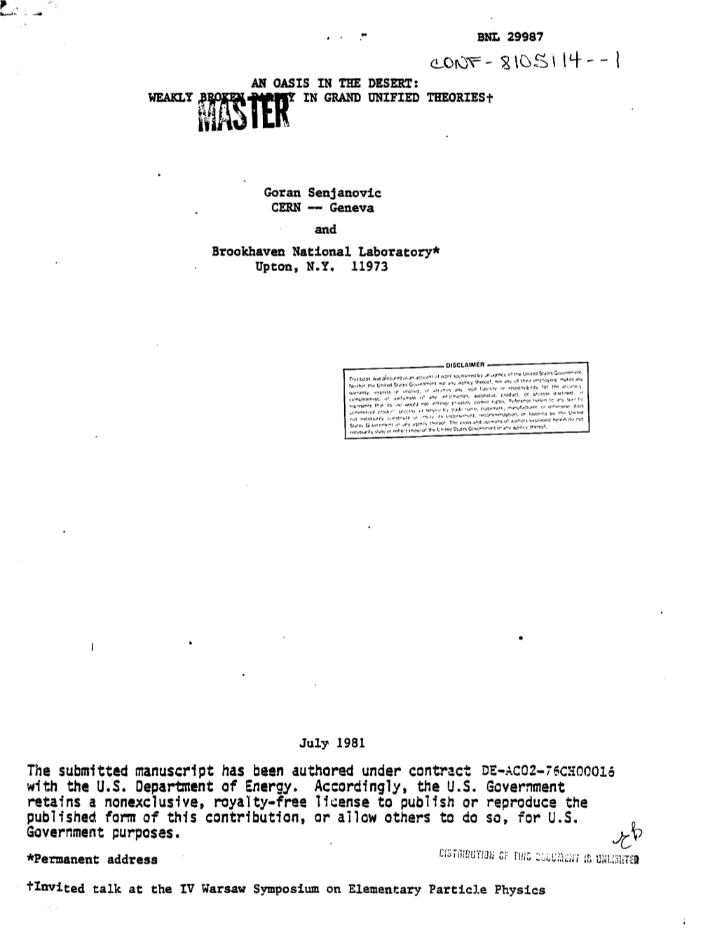 The Submitted Manuscript Has Been Authored Under Contract OE-AC02-76CHOOOIO with the U.S. Department of Energy. Accordingly, the U.S