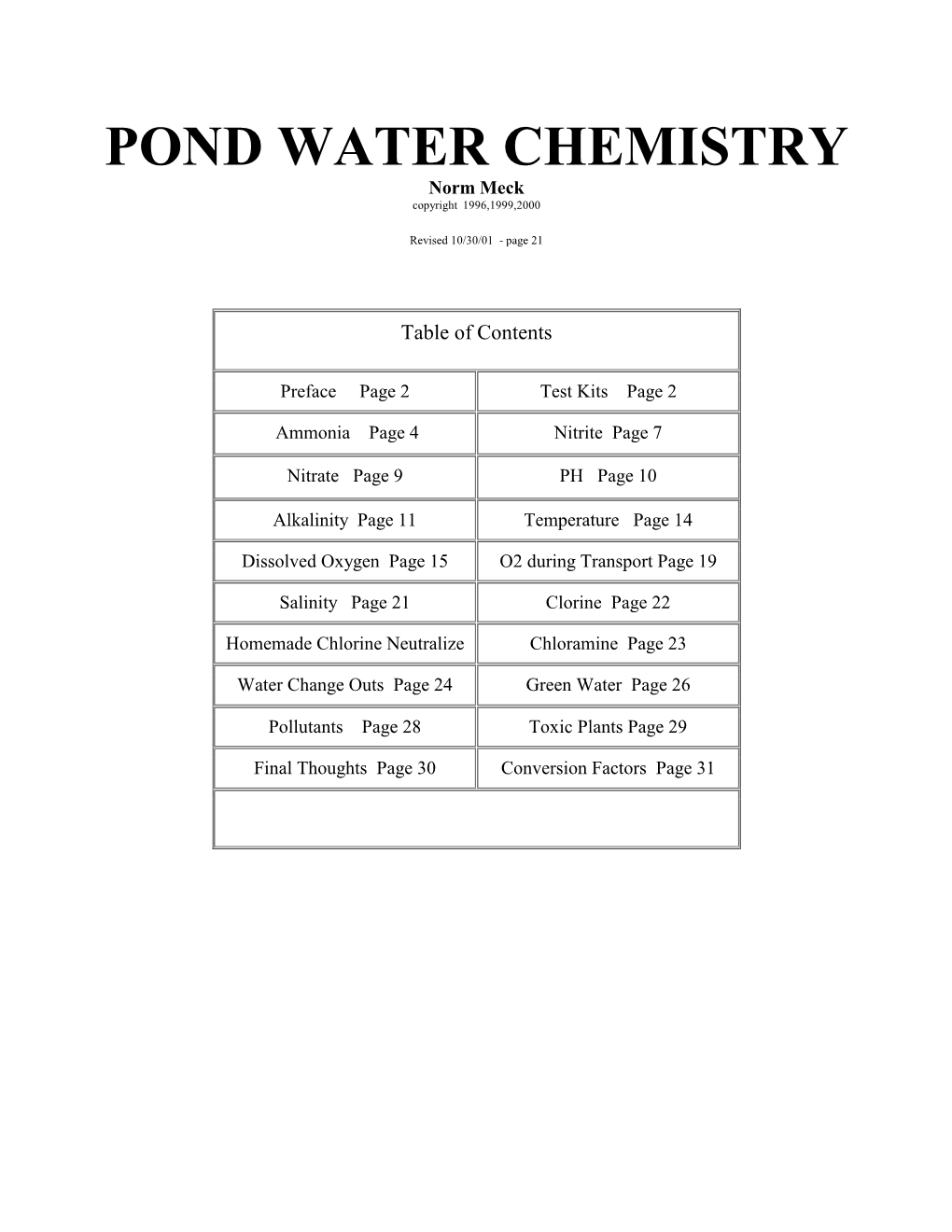 POND WATER CHEMISTRY Norm Meck Copyright 1996,1999,2000