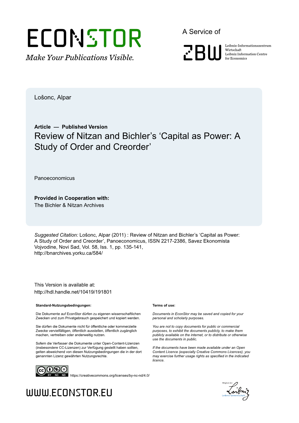 Review of Nitzan and Bichler's "Capital As Power: a Study of Order