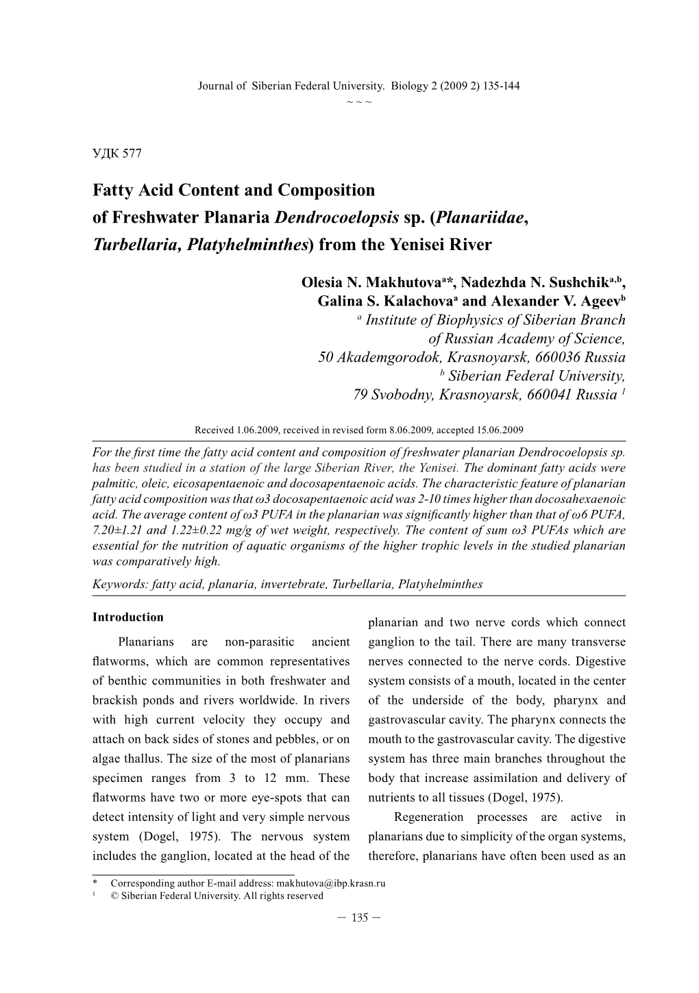 Fatty Acid Content and Composition of Freshwater Planaria Dendrocoelopsis Sp
