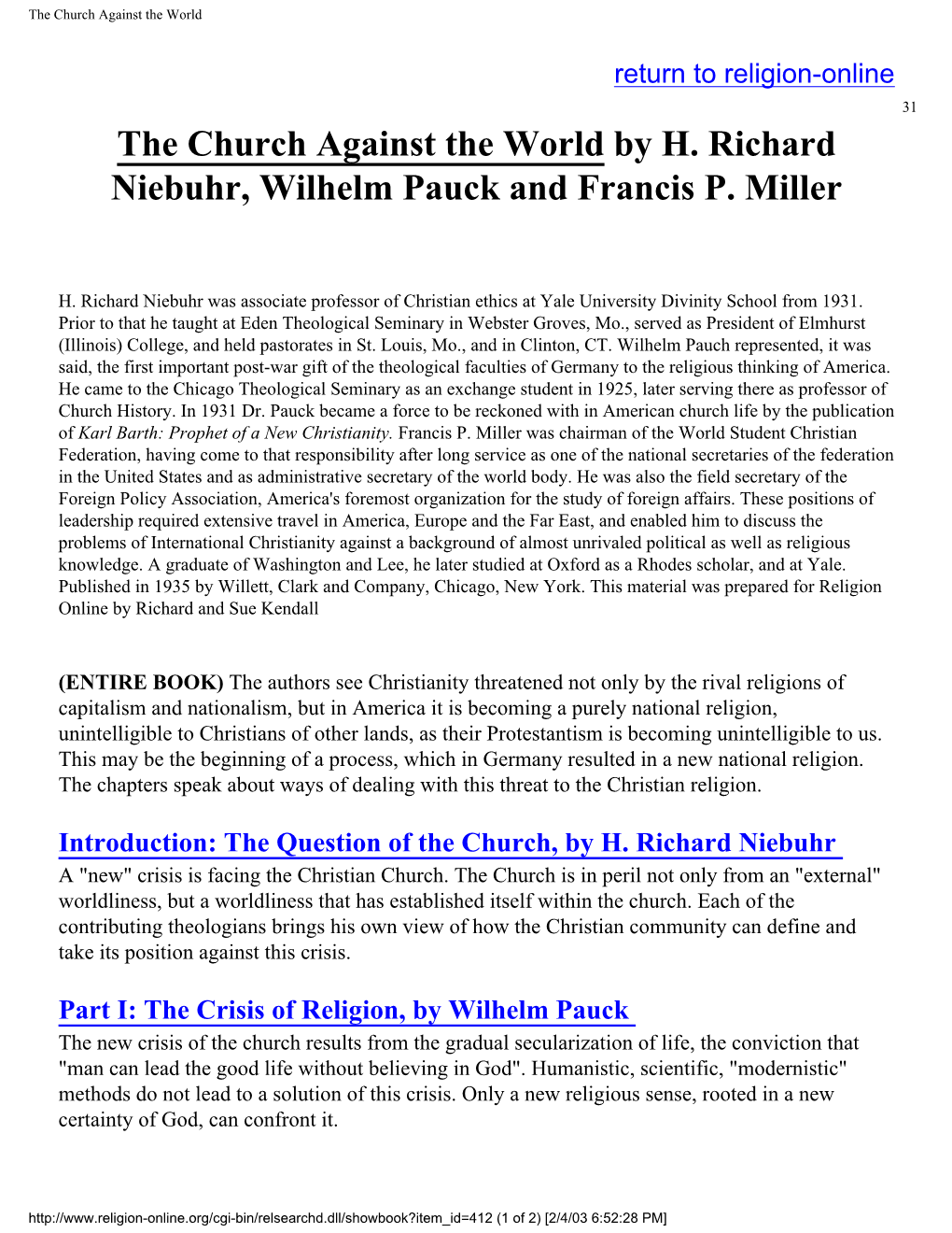 The Church Against the World by H. Richard Niebuhr, Wilhelm Pauck and Francis P