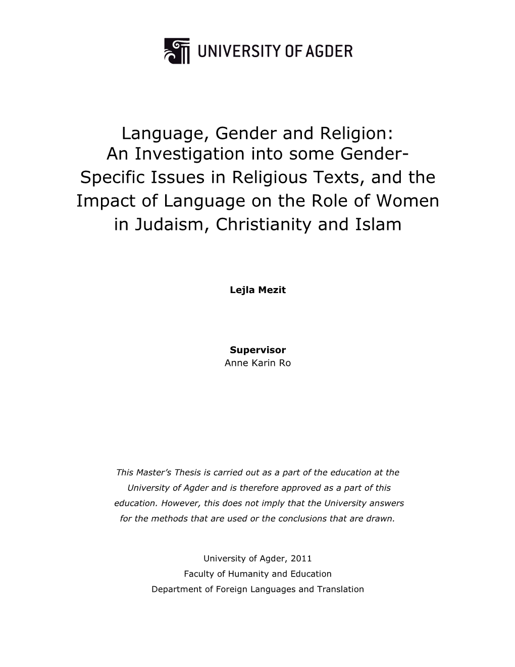 Language, Gender and Religion: an Investigation Into Some Gender