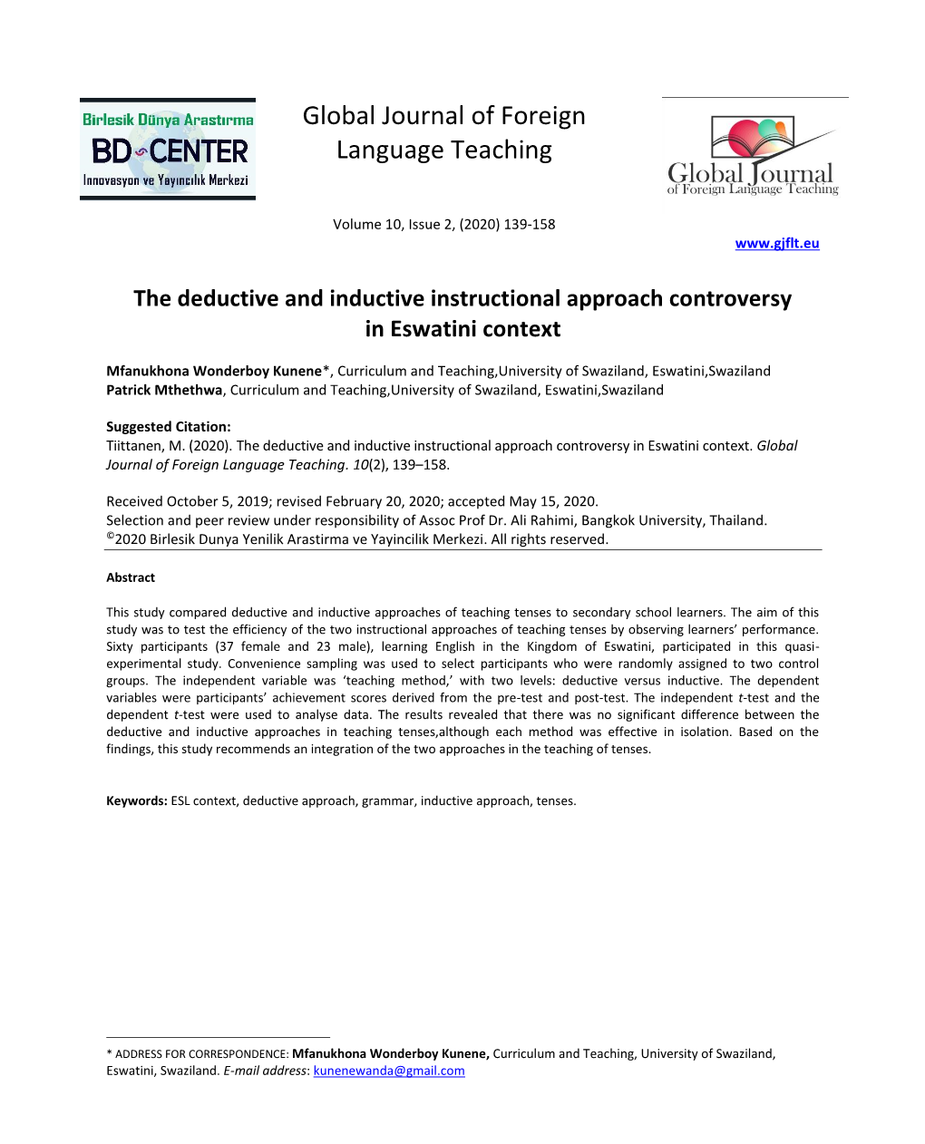 Global Journal of Foreign Language Teaching