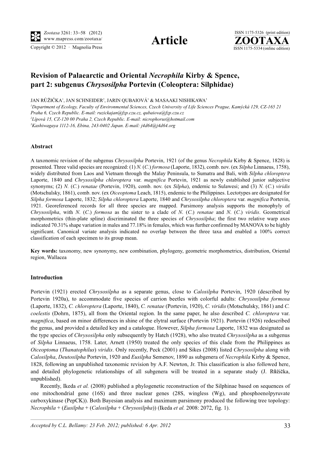 Revision of Palaearctic and Oriental Necrophila Kirby & Spence, Part 2: Subgenus Chrysosilpha Portevin (Coleoptera: Silphidae)