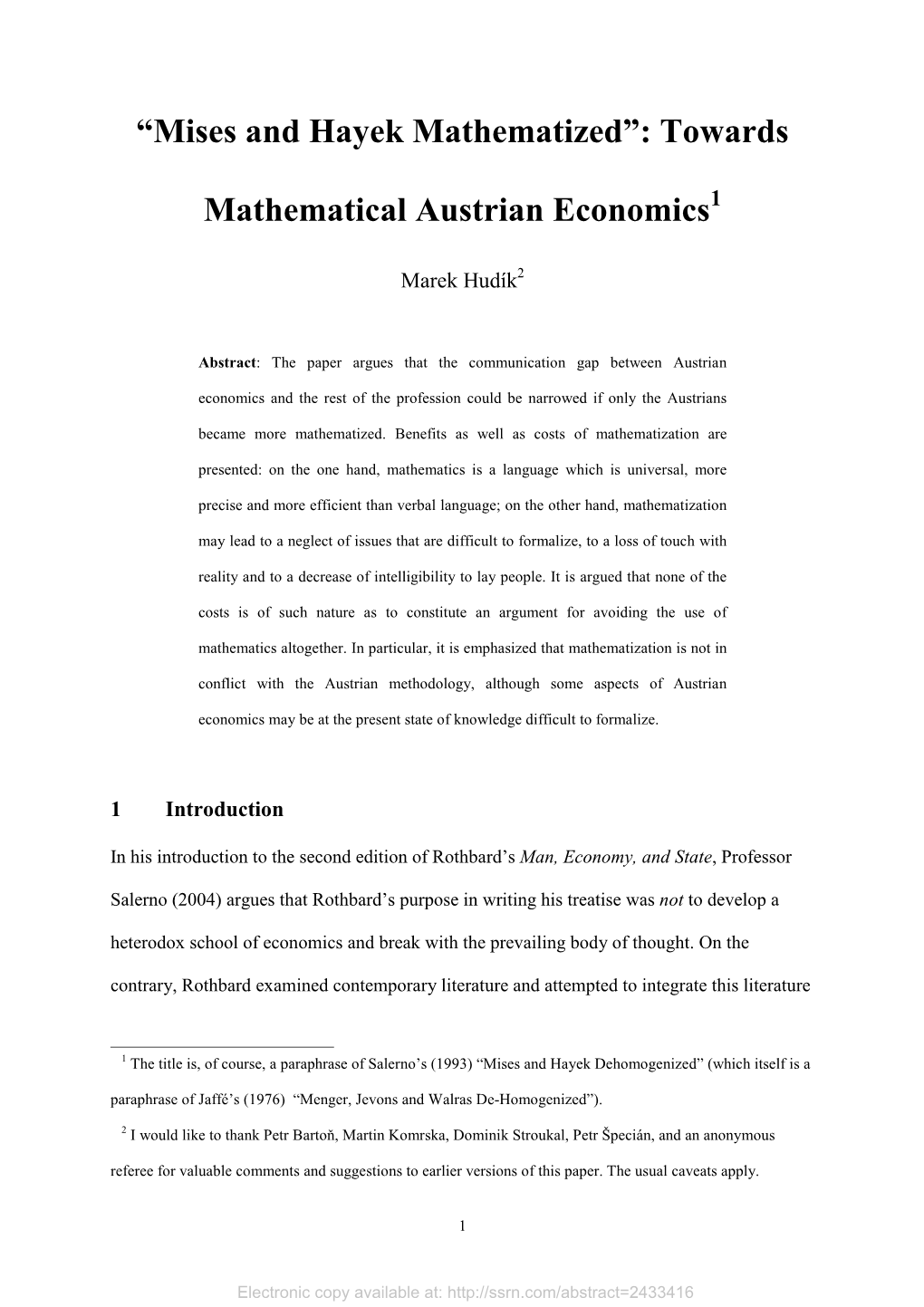 Towards Mathematical Austrian Economics