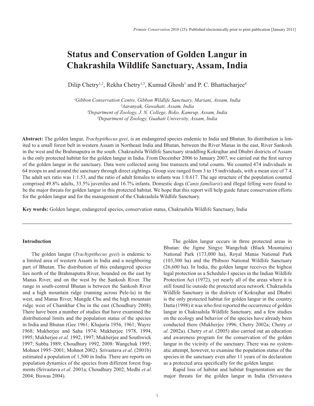 Status and Conservation of Golden Langur in Chakrashila Wildlife Sanctuary, Assam, India