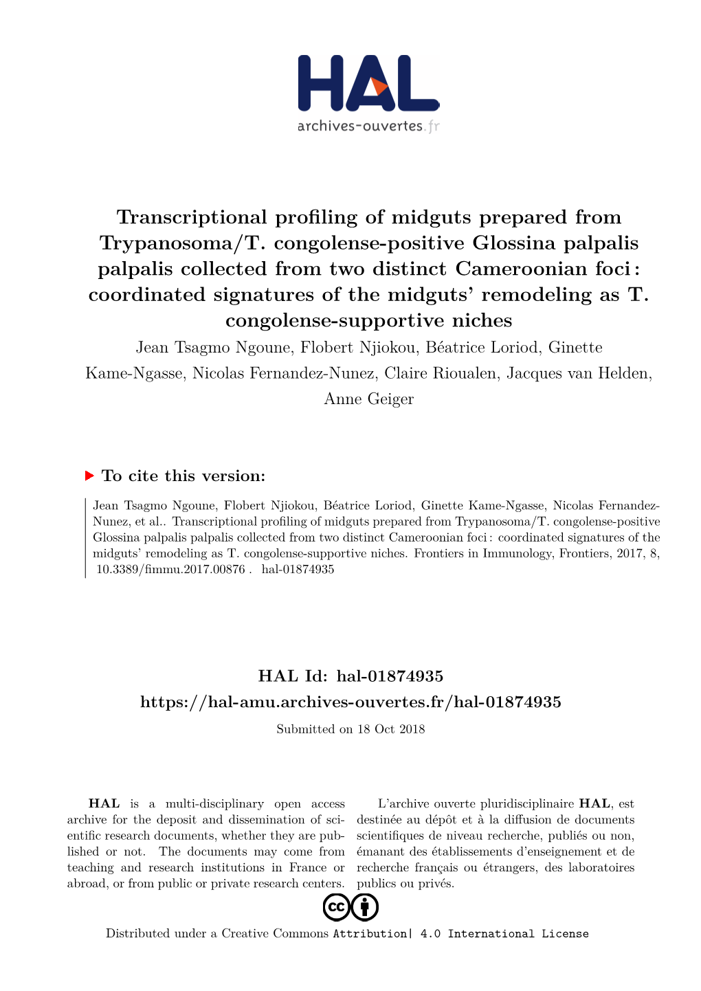 Transcriptional Profiling of Midguts Prepared from Trypanosoma/T. Congolense-Positive Glossina Palpalis Palpalis Collected From