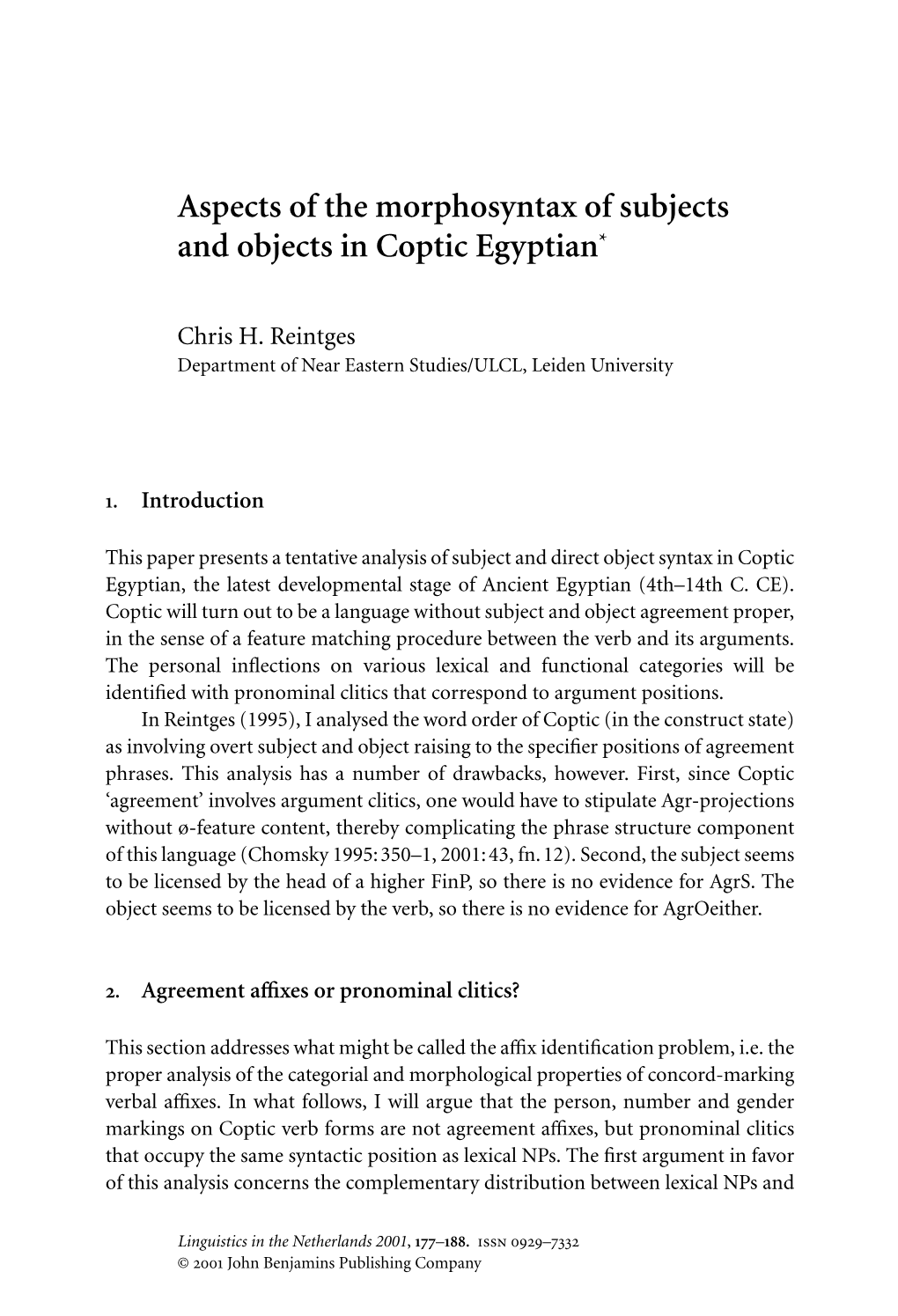 Aspects of the Morphosyntax of Subjects and Objects in Coptic Egyptian"