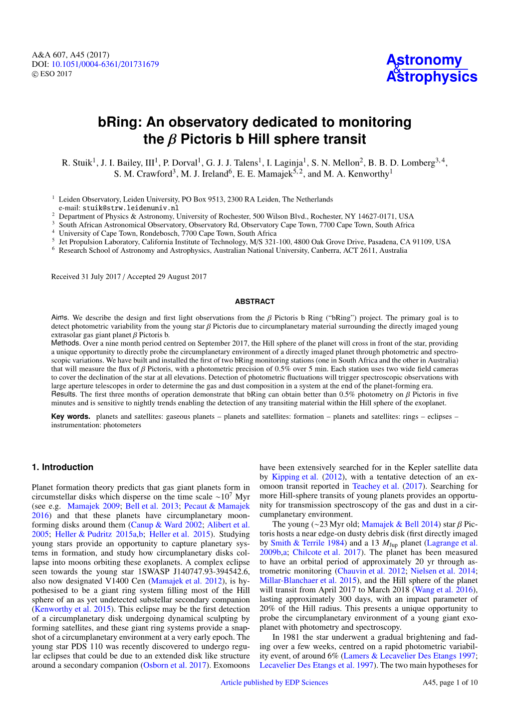 Bring: an Observatory Dedicated to Monitoring the Β Pictoris B Hill Sphere Transit