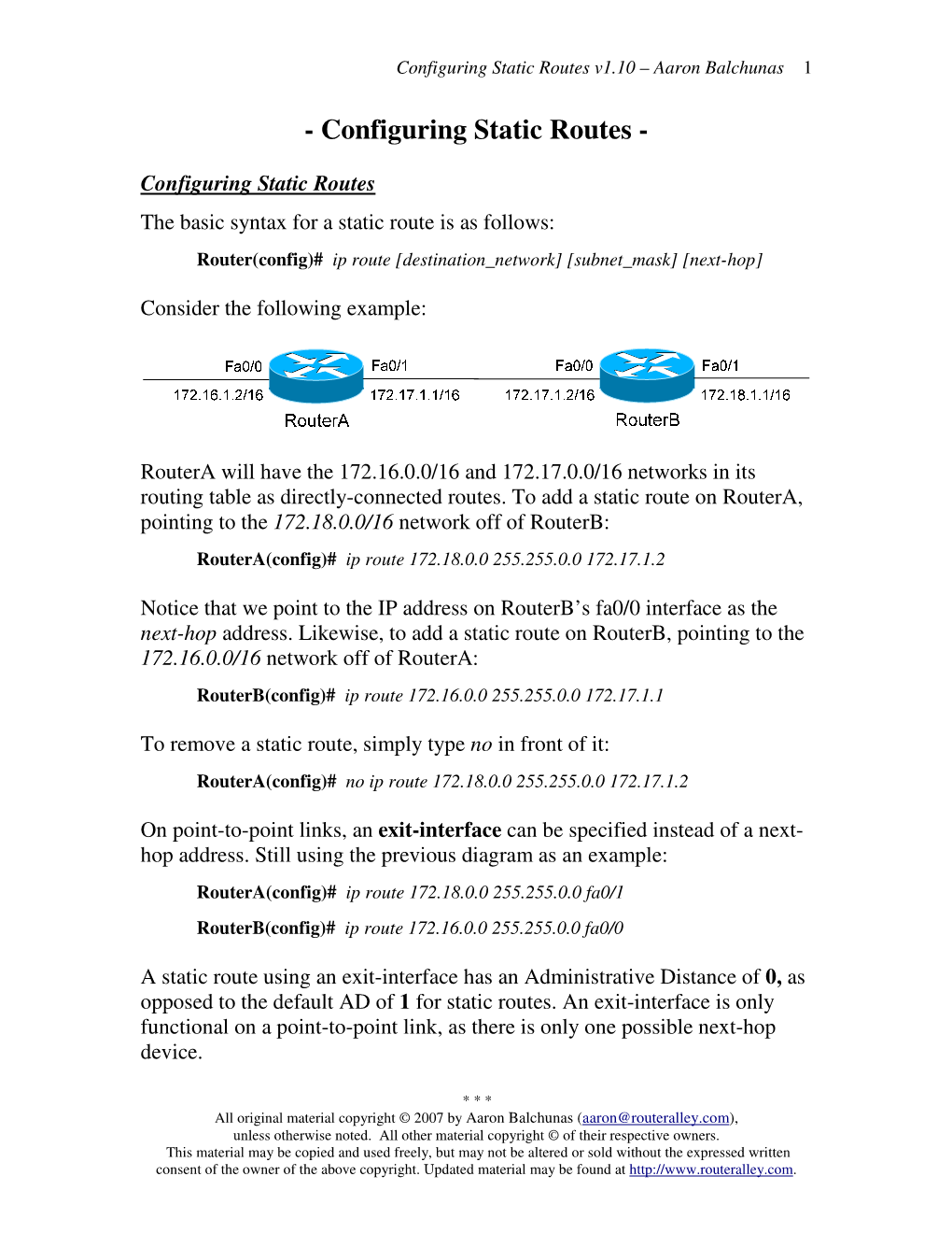 Configuring Static Routes V1.10 – Aaron Balchunas 1