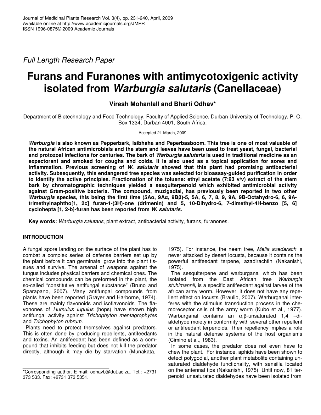 Furans and Furanones with Antimycotoxigenic Activity Isolated from Warburgia Salutaris (Canellaceae)