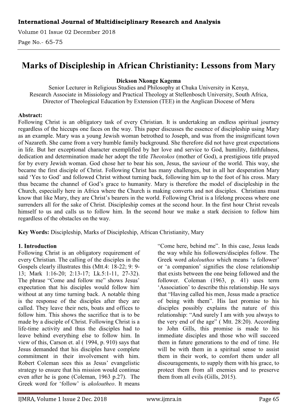 Marks of Discipleship in African Christianity: Lessons from Mary