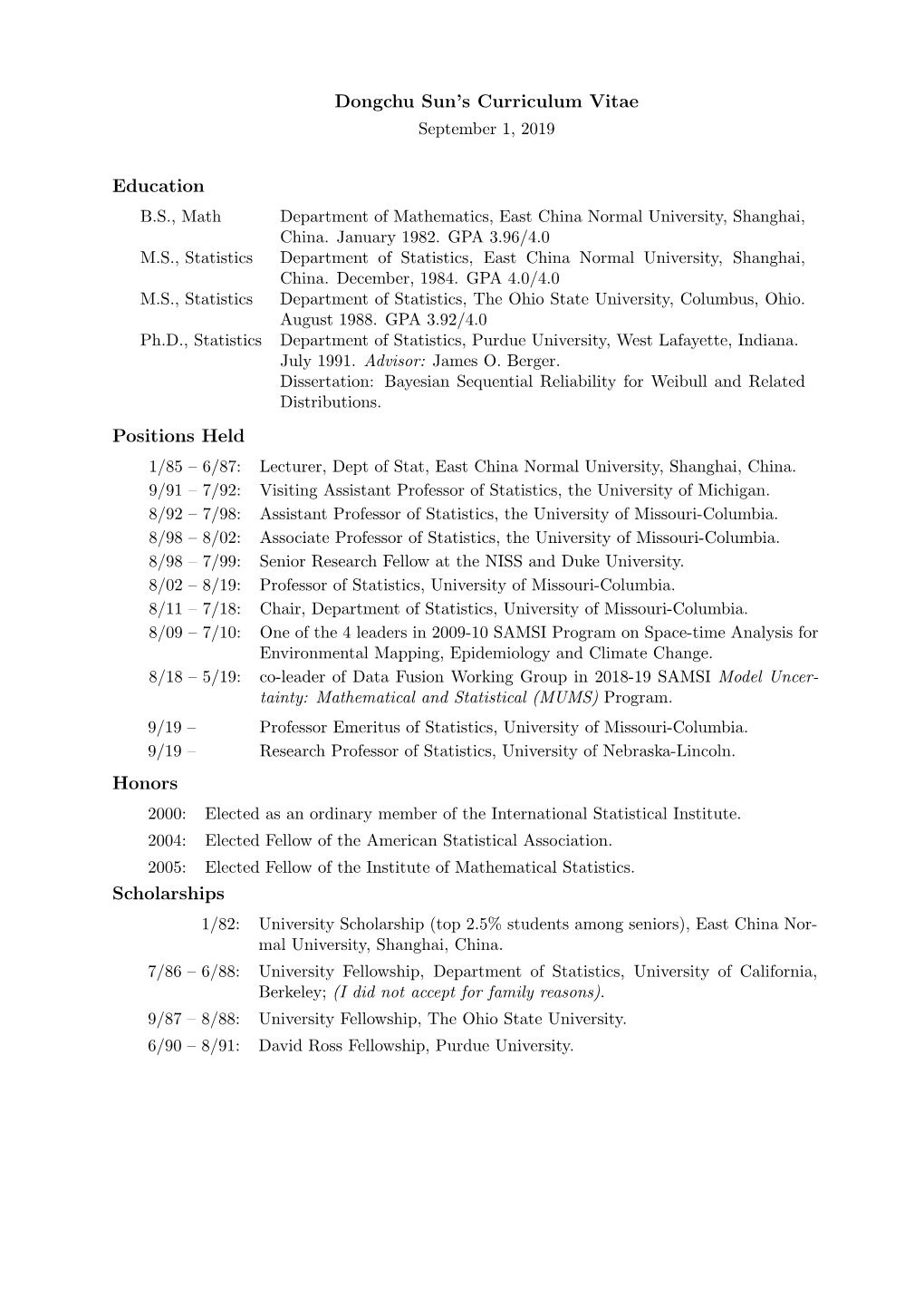 Dongchu Sun's Curriculum Vitae Education Positions