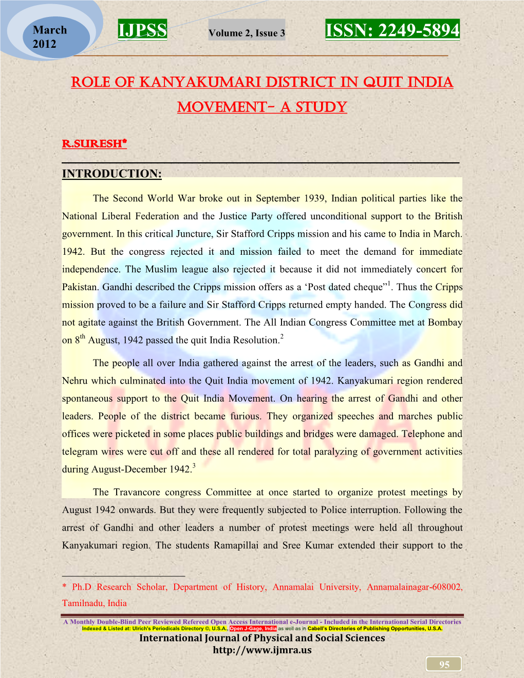 Role of Kanyakumari District in Quit India Movement- a Study