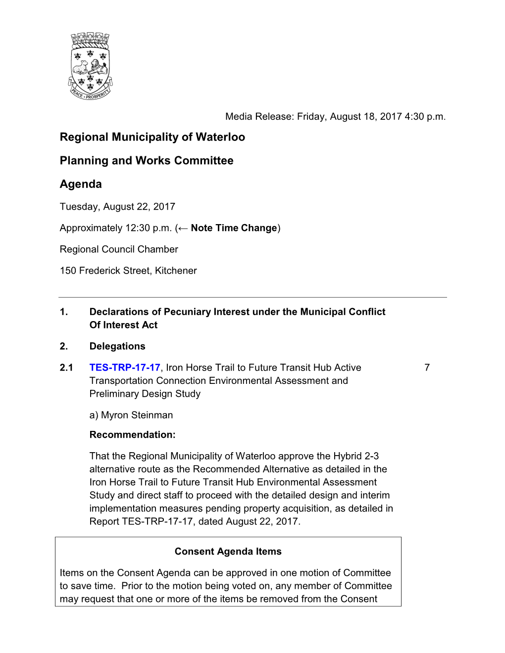 Regional Municipality of Waterloo Planning and Works Committee Agenda