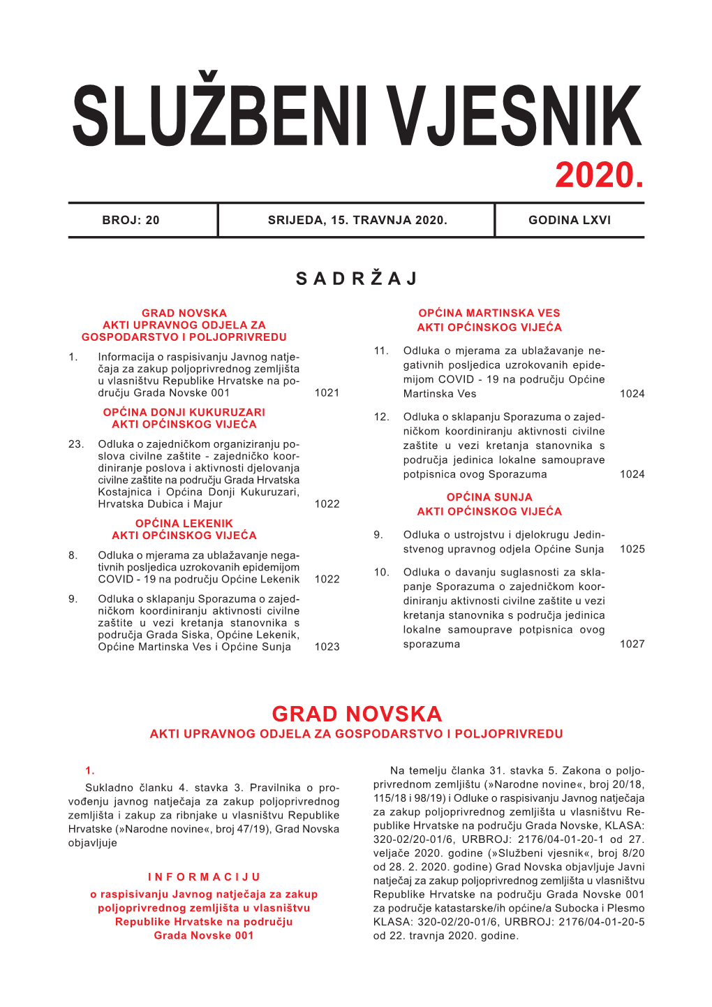 Grad Novska Općina Martinska Ves Akti Upravnog Odjela Za Akti Općinskog Vijeća Gospodarstvo I Poljoprivredu 11