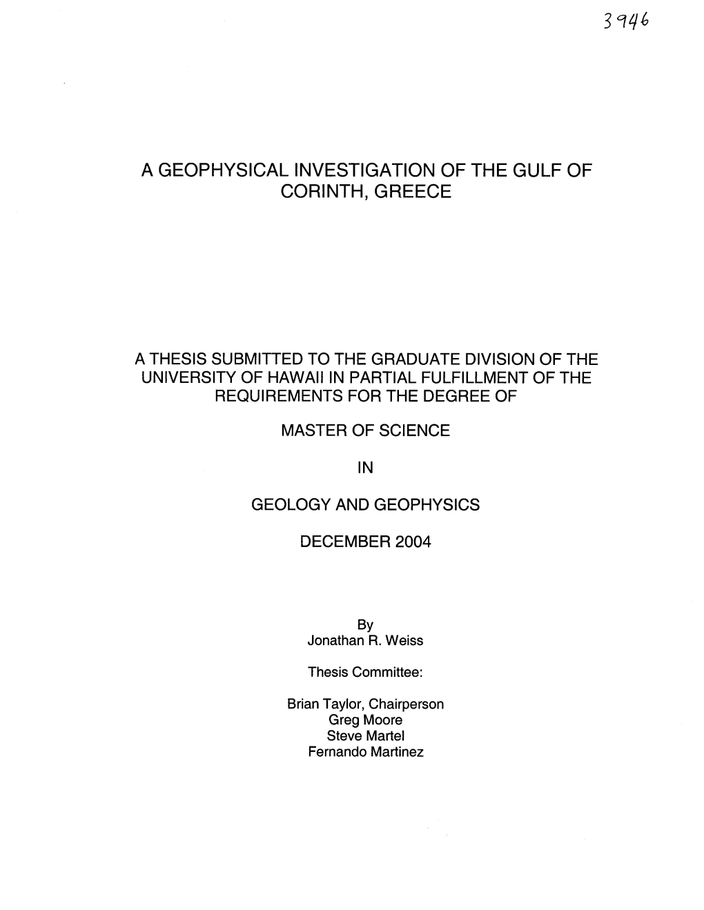 A Geophysical Investigation of the Gulf of Corinth, Greece