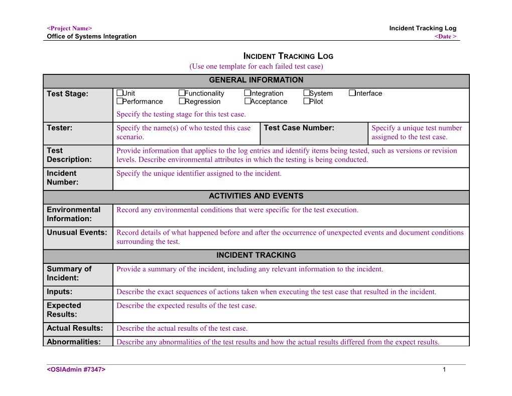 Incident Tracking Log