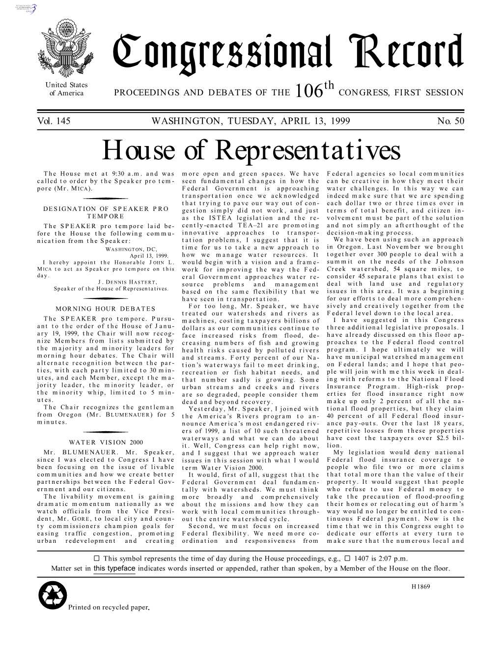 Congressional Record United States Th of America PROCEEDINGS and DEBATES of the 106 CONGRESS, FIRST SESSION