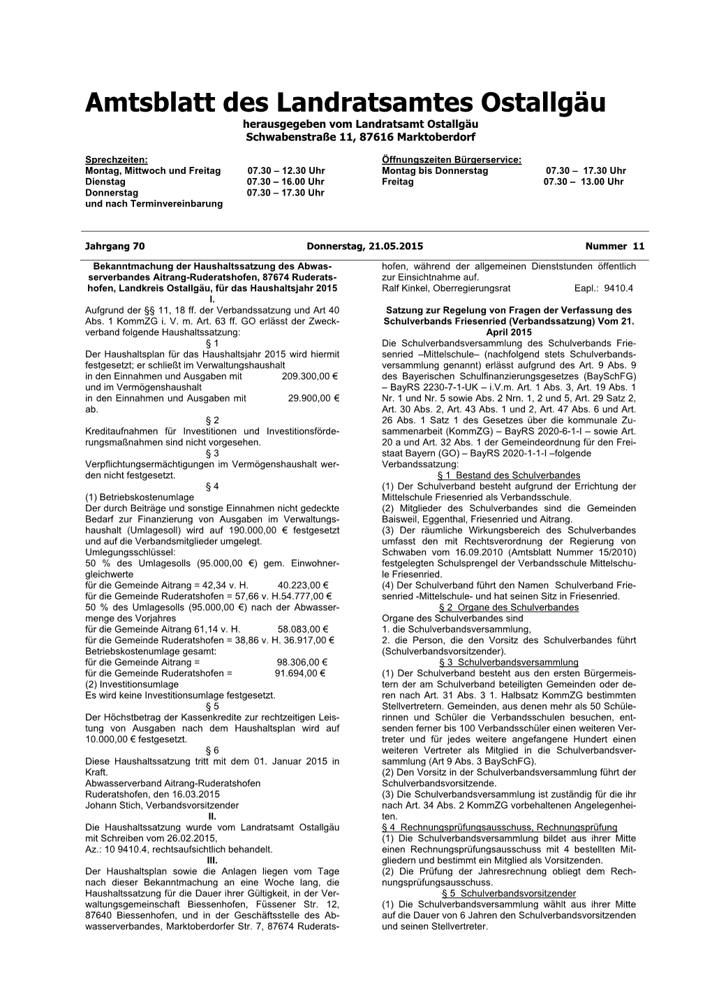 Amtsblatt Des Landratsamtes Ostallgäu Herausgegeben Vom Landratsamt Ostallgäu Schwabenstraße 11, 87616 Marktoberdorf