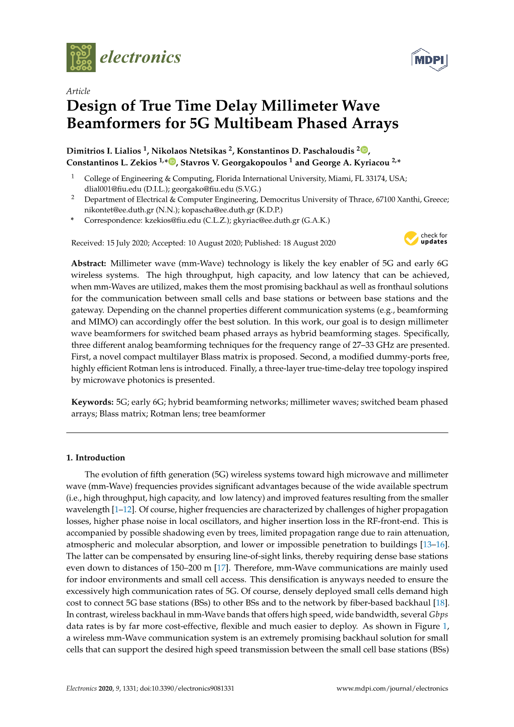 Design of True Time Delay Millimeter Wave Beamformers for 5G Multibeam Phased Arrays