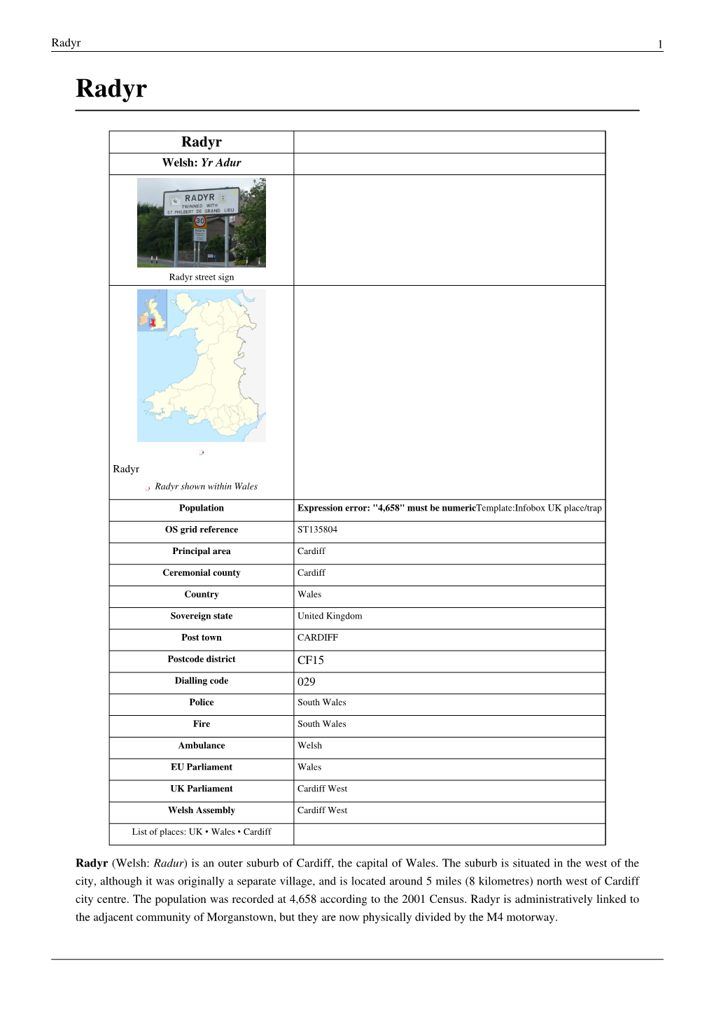 Radyr 1 Welsh: Yr Adur CF15 029 Radyr (Welsh: Radur) Is an Outer