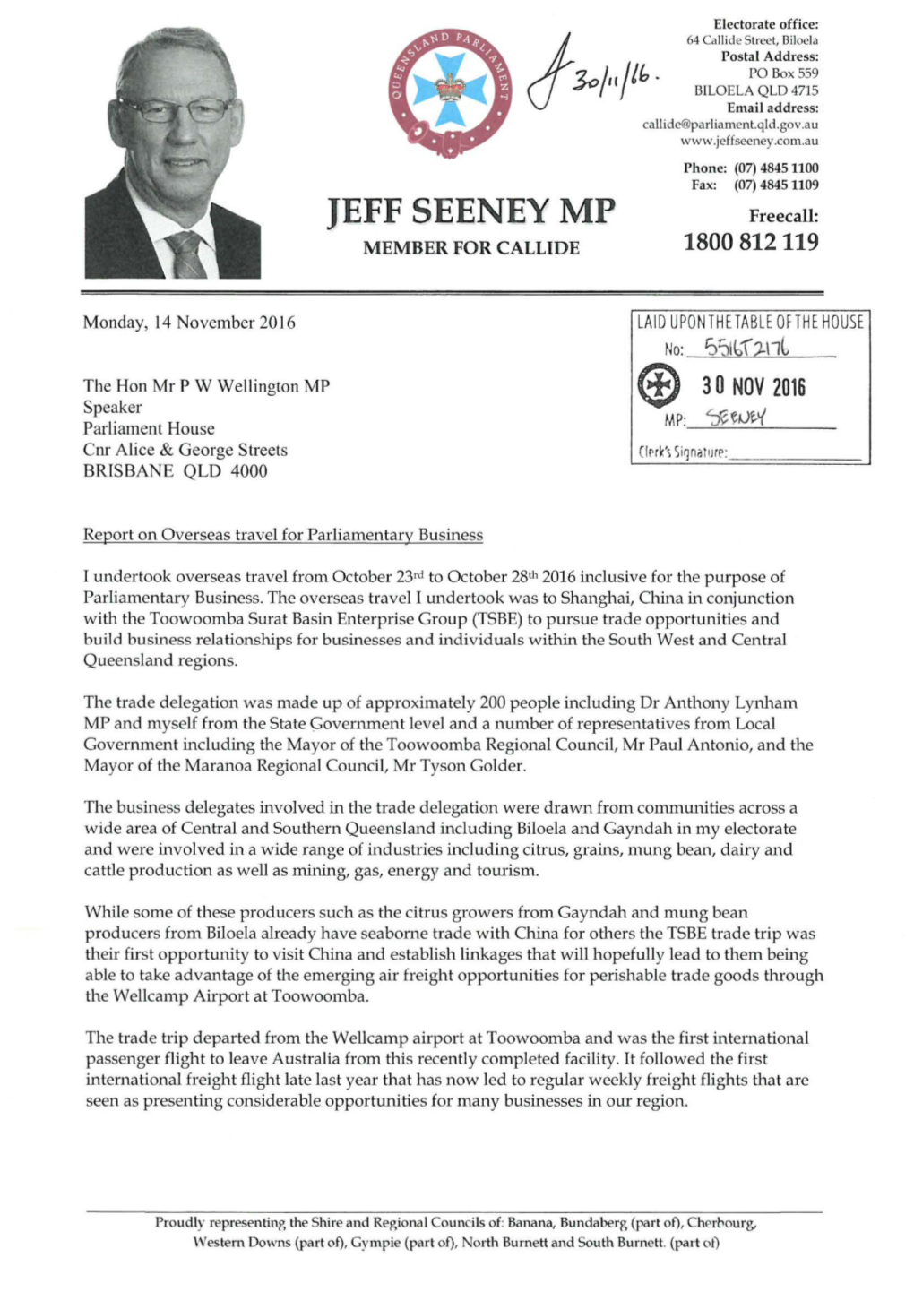 JEFF SEENEY MP Freecall: MEMBER for CALLIDE 1800 812119