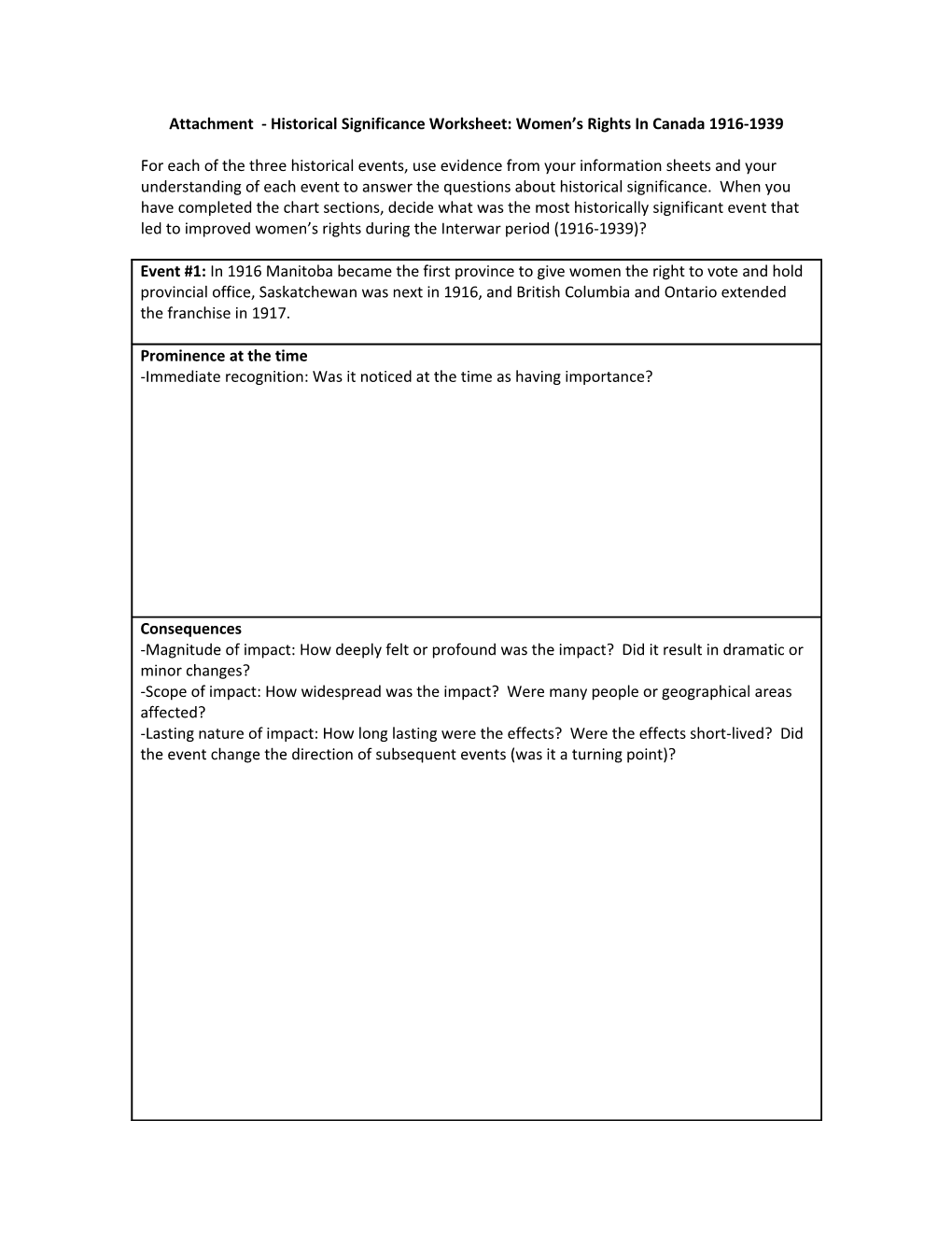 Attachment 1 - Historical Significance Worksheet: Women S Rights in Canada 1916-1939