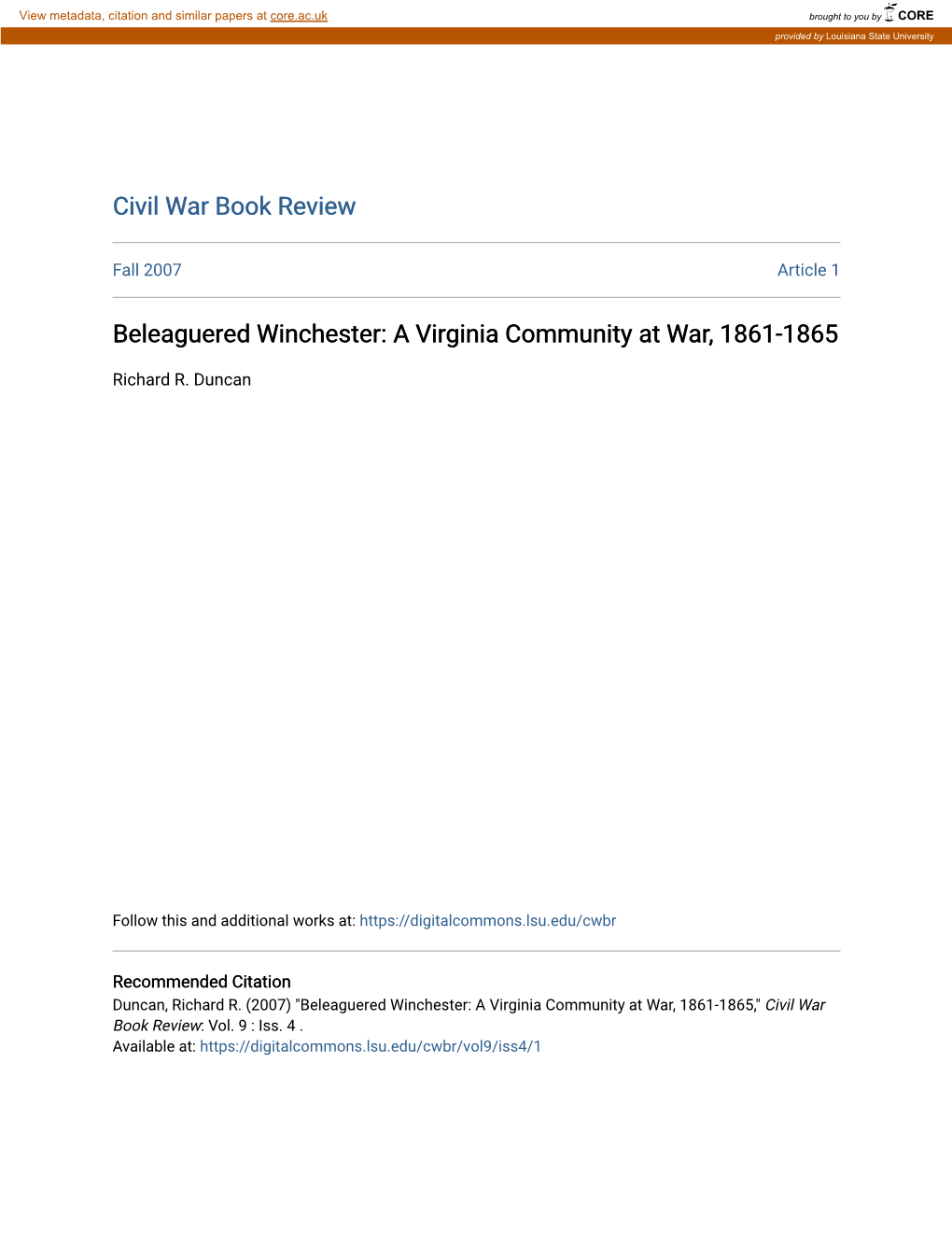 Beleaguered Winchester: a Virginia Community at War, 1861-1865