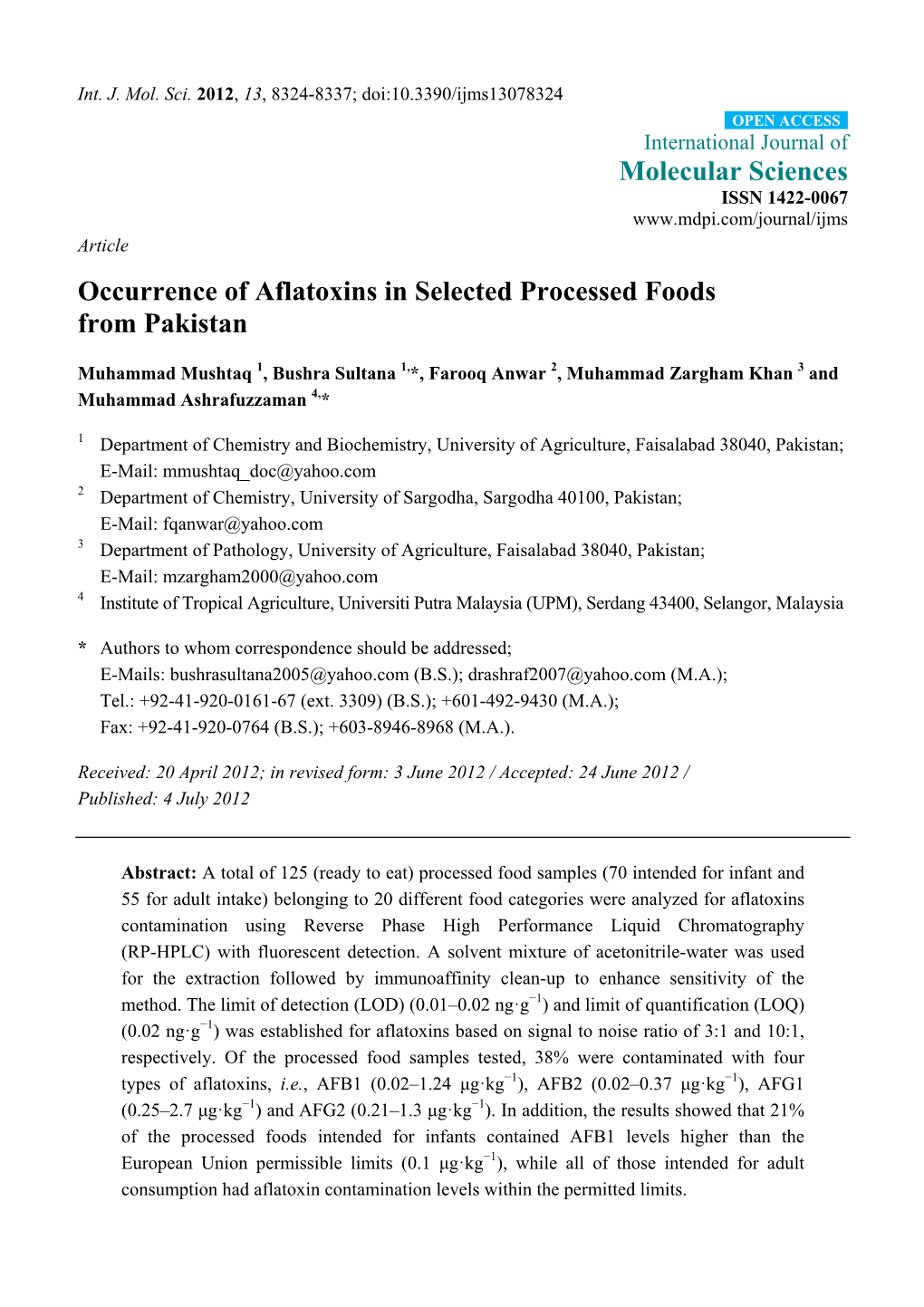 Occurrence of Aflatoxins in Selected Processed Foods from Pakistan