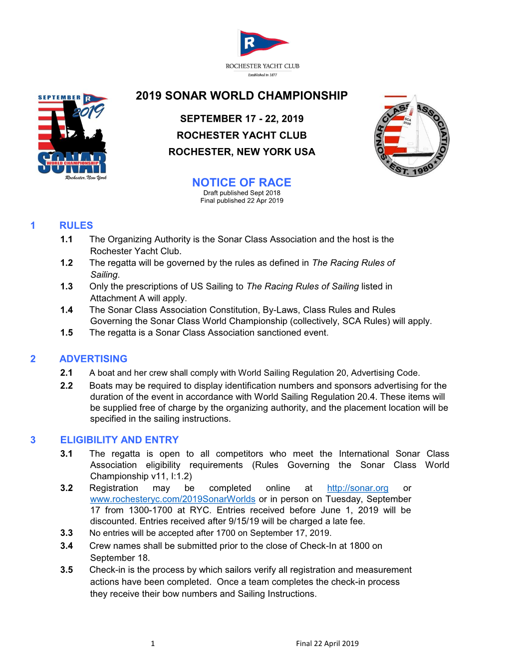 2019 Sonar World Championship Notice of Race