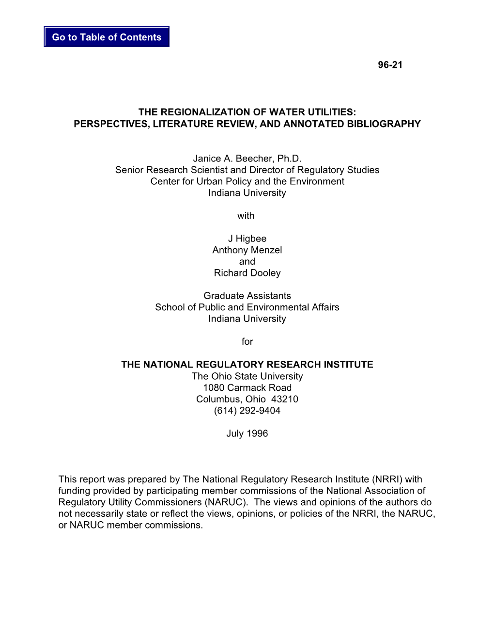 The Regionalization of Water Utilities: Perspectives, Literature Review, and Annotated Bibliography