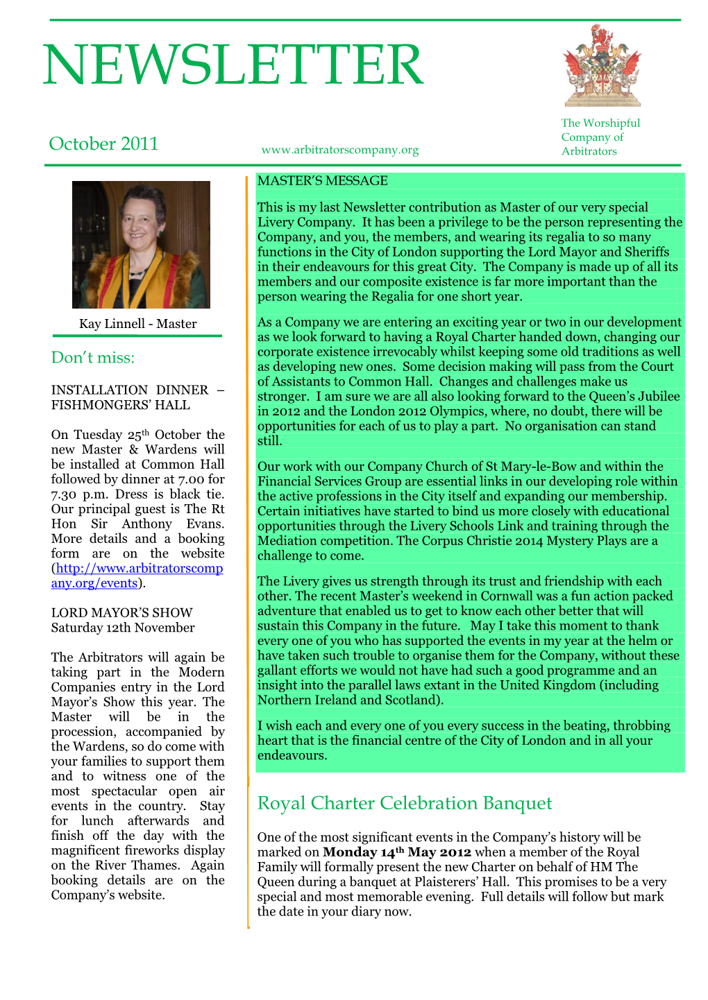 Newsletter Contribution As Master of Our Very Special Livery Company