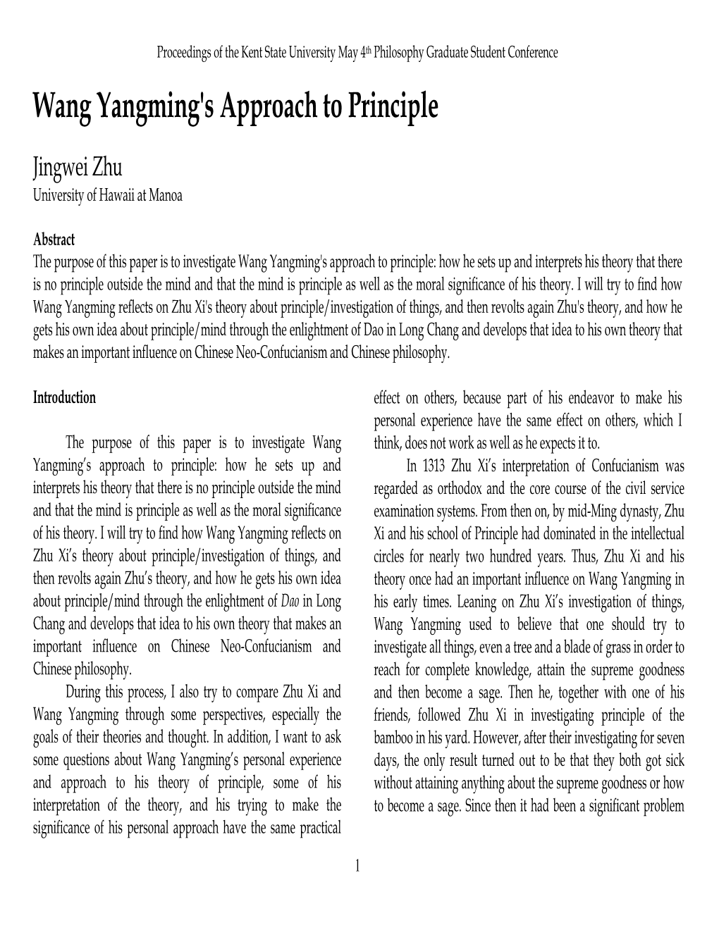 W Ang Yangm Ing's Approach to Principle