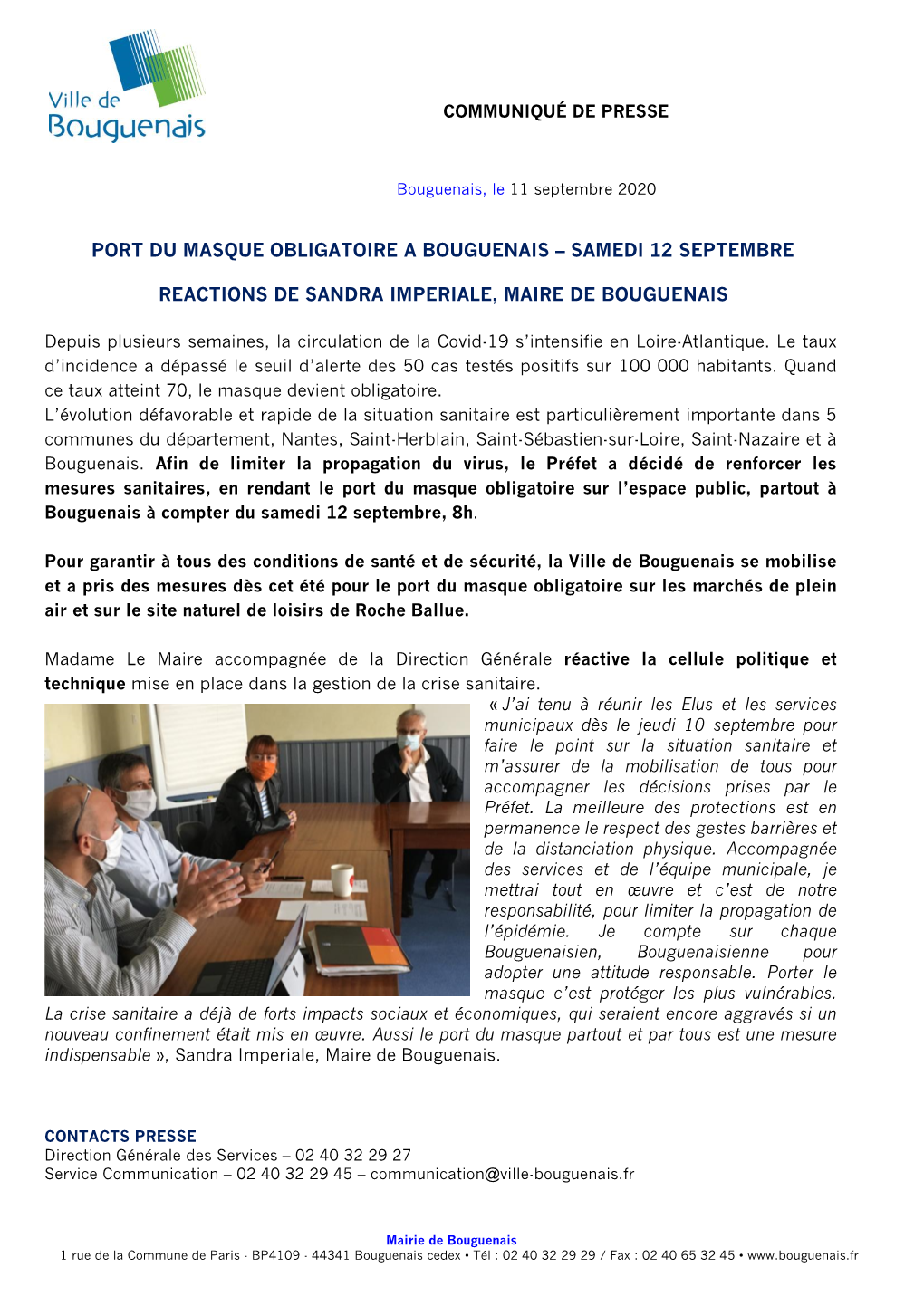 Port Du Masque Obligatoire a Bouguenais – Samedi 12 Septembre