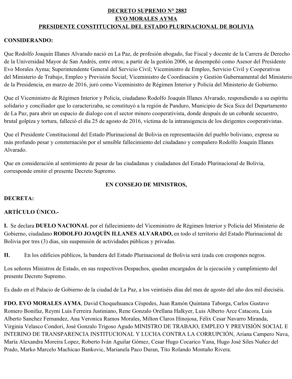 Decreto Supremo N° 2882 Evo Morales Ayma Presidente Constitucional Del Estado Plurinacional De Bolivia