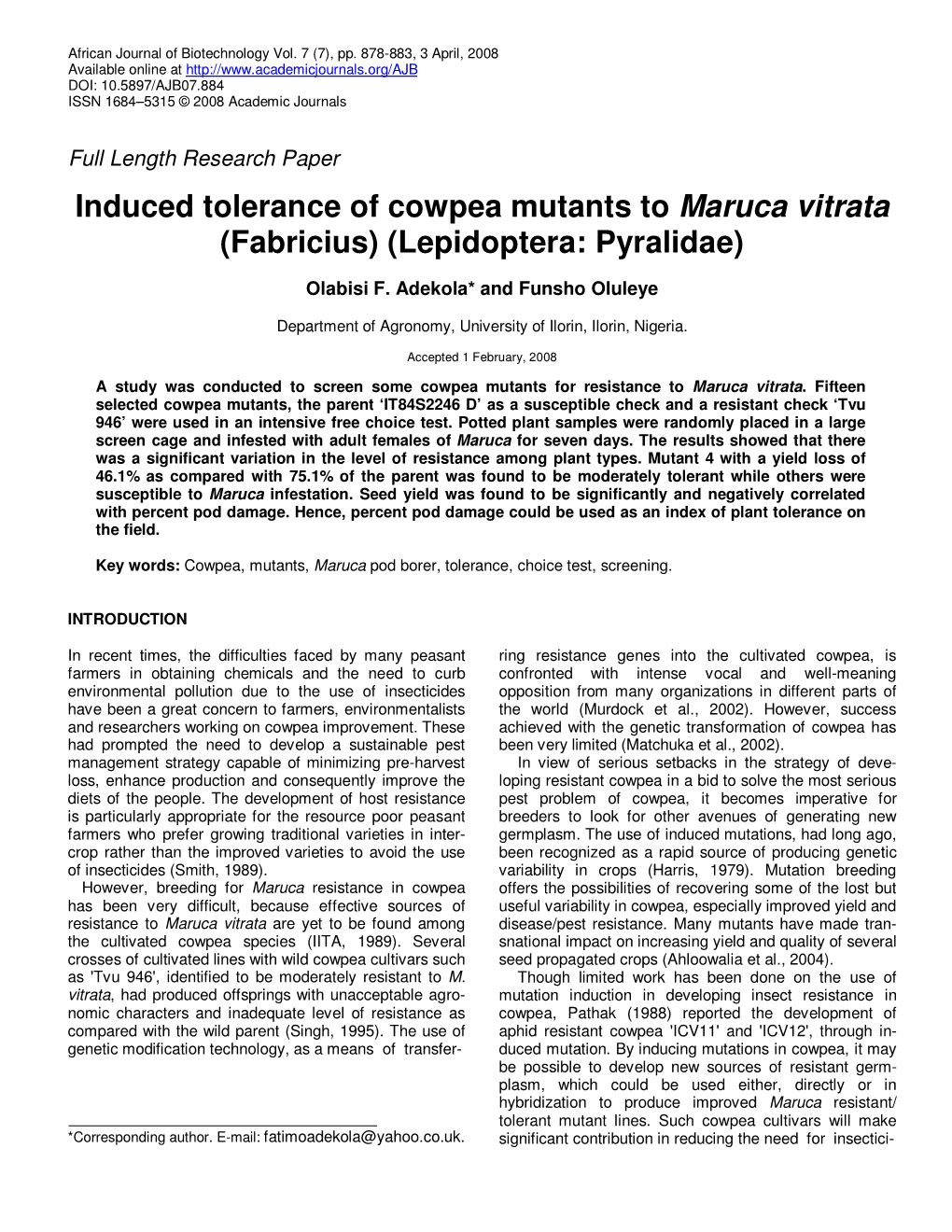 Induced Tolerance of Cowpea Mutants to Maruca Vitrata (Fabricius) (Lepidoptera: Pyralidae)
