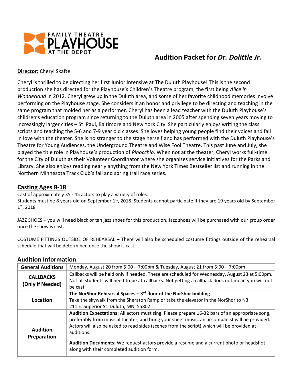 Audition Packet for Dr. Dolittle Jr