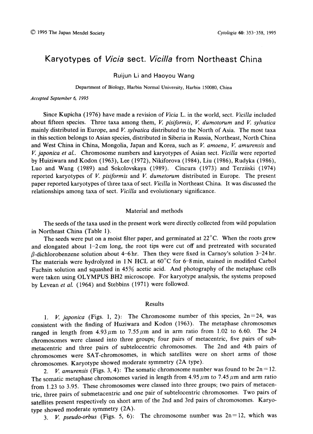 Karyotypes of Vicia Sect. Vicilla from Northeast China