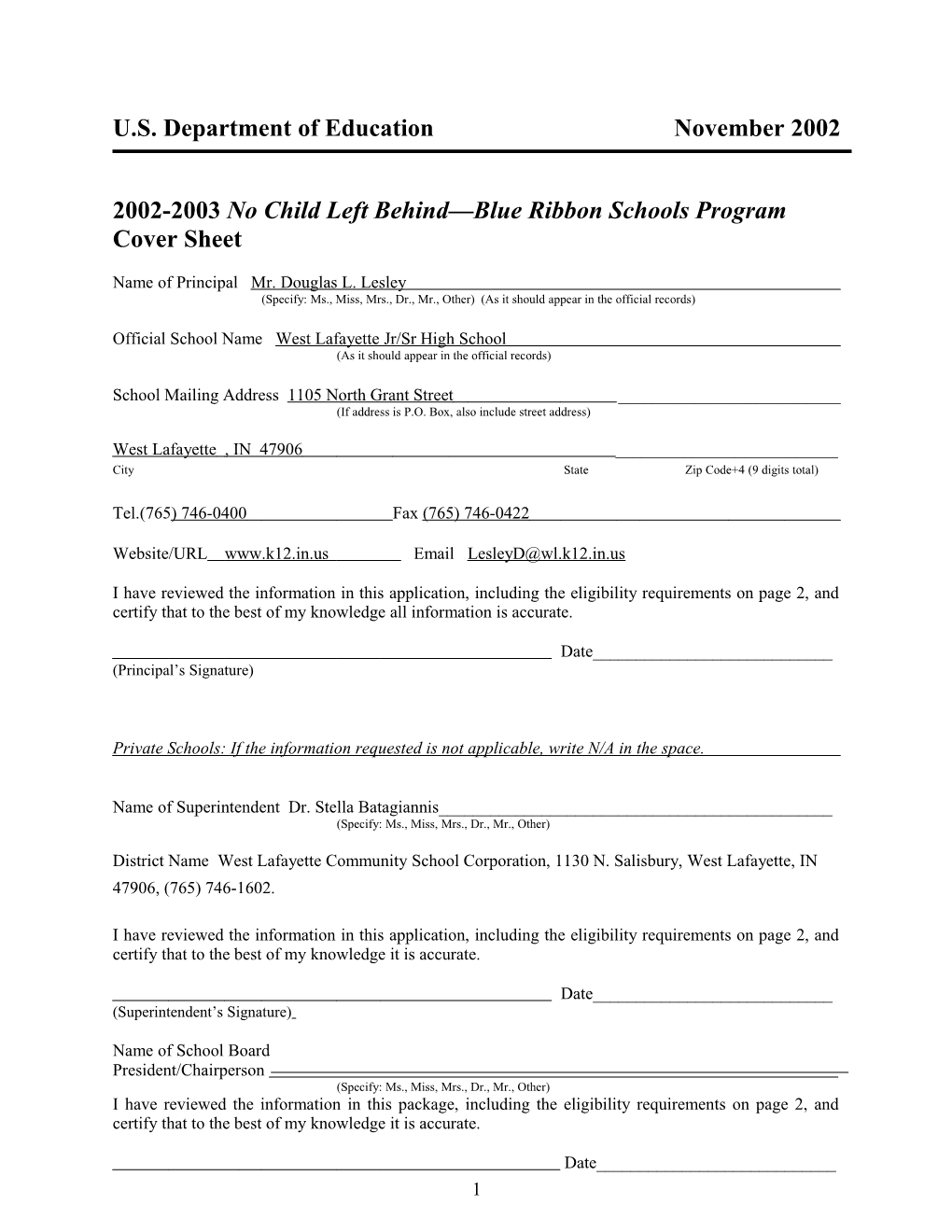 West Lafayette Jr/Sr High School 2003 No Child Left Behind-Blue Ribbon School (Msword)