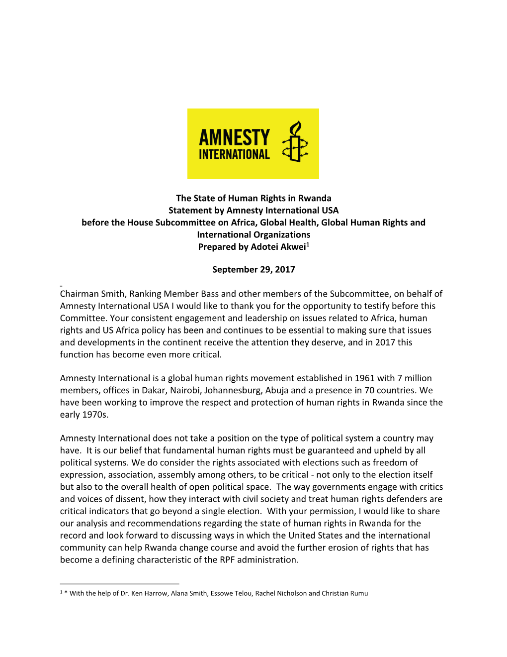 The State of Human Rights in Rwanda Statement by Amnesty