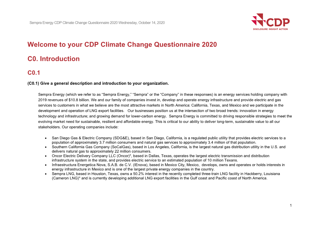 Welcome to Your CDP Climate Change Questionnaire 2020