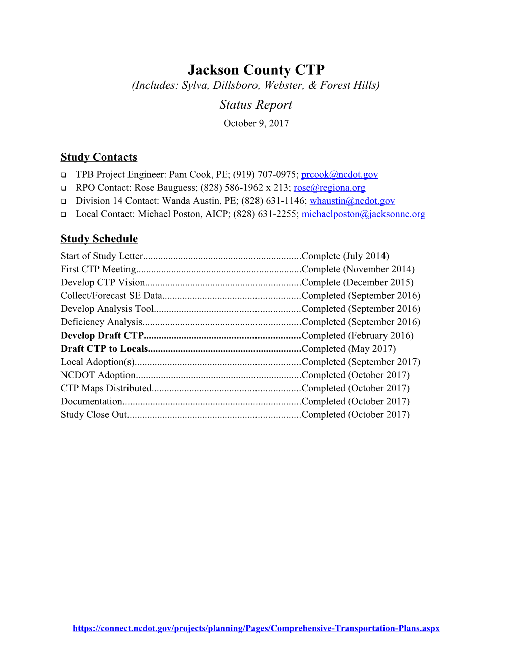 Jackson County CTP Status Report 10/9/2017